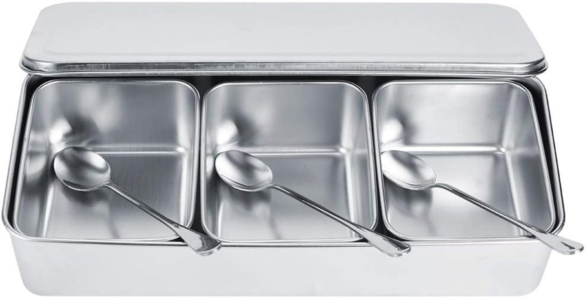 SnelShoppen - RVS Kruidenpot Set met Lepels en Deksel - 3-Vaks Specerijen Container voor Keuken en Restaurant - Ideaal voor Specerijen, Snacks en Drog