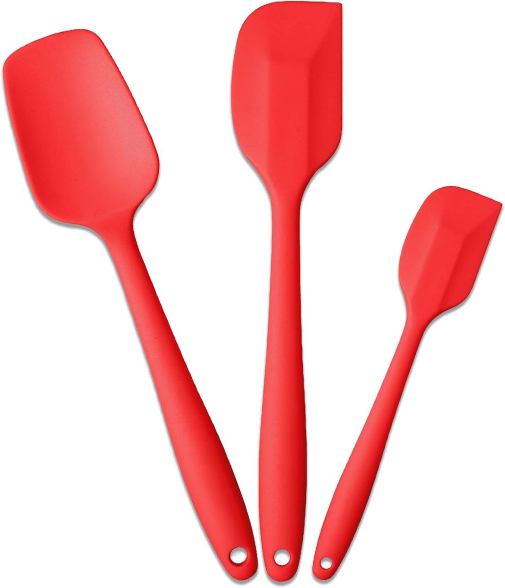 spatel set voor koken bakken en mixen, food grade rubberen spatels, hoge hittebestendig voor anti-aanbak kookgerei, vaatwasmachinebestendig, BPA-vrij, rood keukengerei, pak van 3