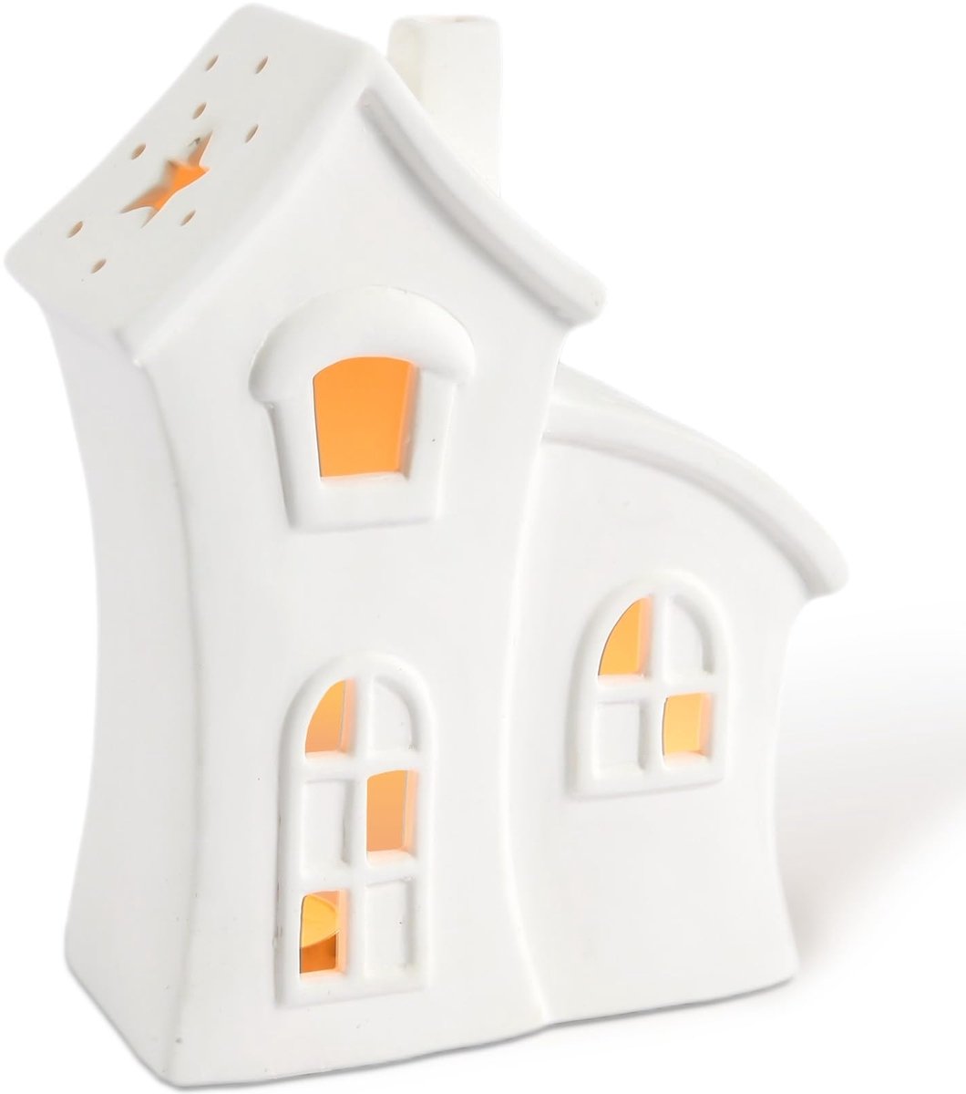 Theelichthouder Huis - Lichthuis Kersthuis - Sfeervolle Verlichting Kerst - Hittebestendig Keramiek - 14x7x19 CM - Crèmewit Mat