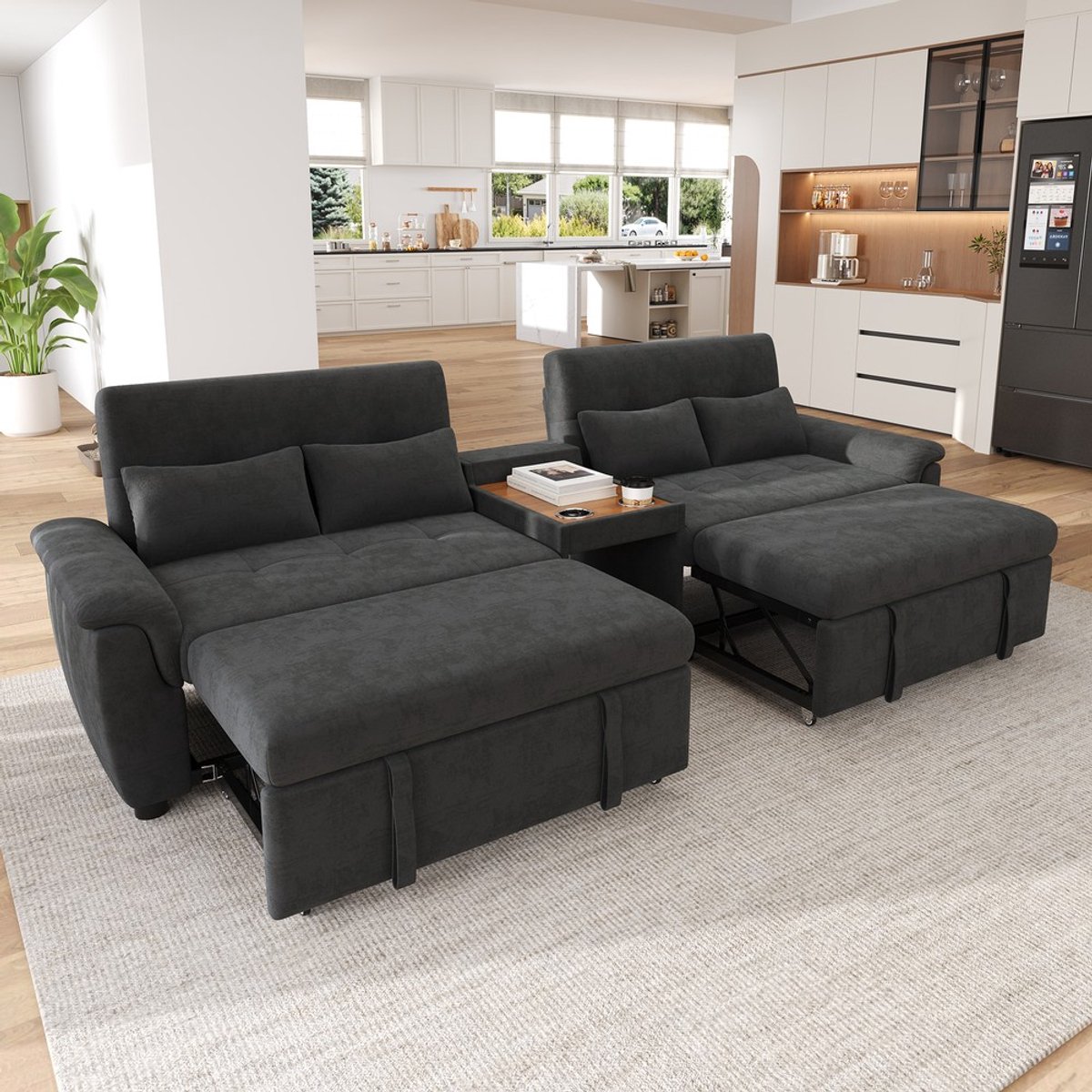 KOMHTOM Slaapbank - U-vormige Hoekbank - Uitschuifbaar Bed - Tweepersoons - Verstelbare Rugleuning - Chenille Stof - Donkergrijs - Met Salontafel - Bekerhouders - 4 Kussens - Moderne Bank - Woonkamer - Comfortabel - 284x138x89cm