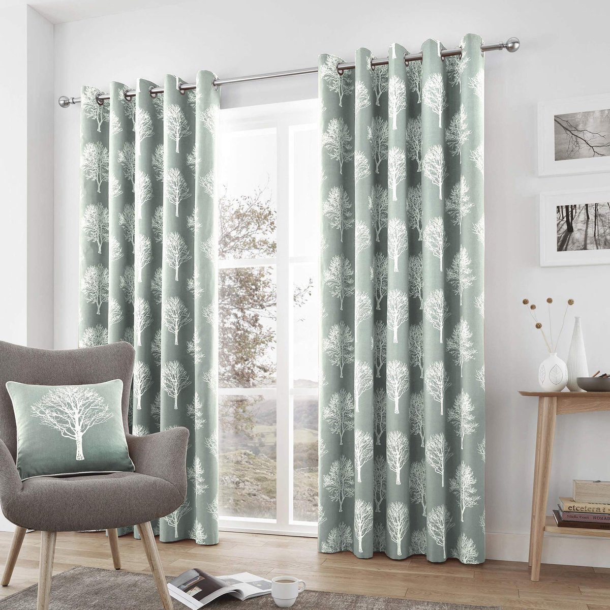 - Woodland Trees - 100 procent katoen paar ooggordijnen - 46" Breedte x 54" druppel (117 x 137cm) in Duck Egg