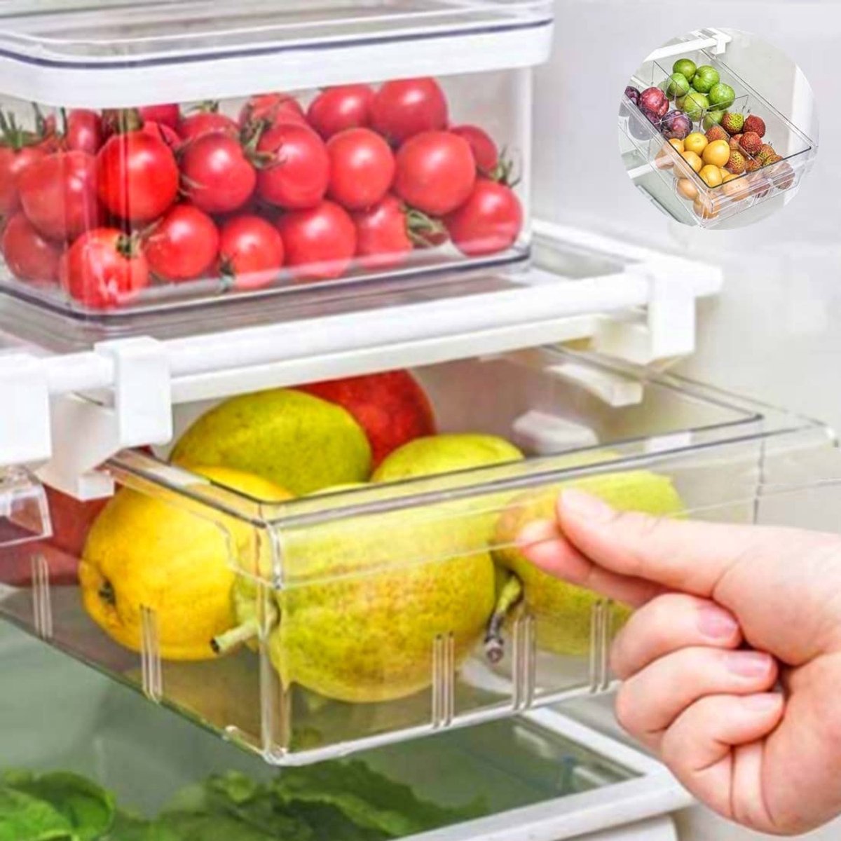 uittrekbaar met handvat, koelkasthouder, opbergbox, doorzichtige container voor levensmiddelen, dranken, huishoudelijke organizer