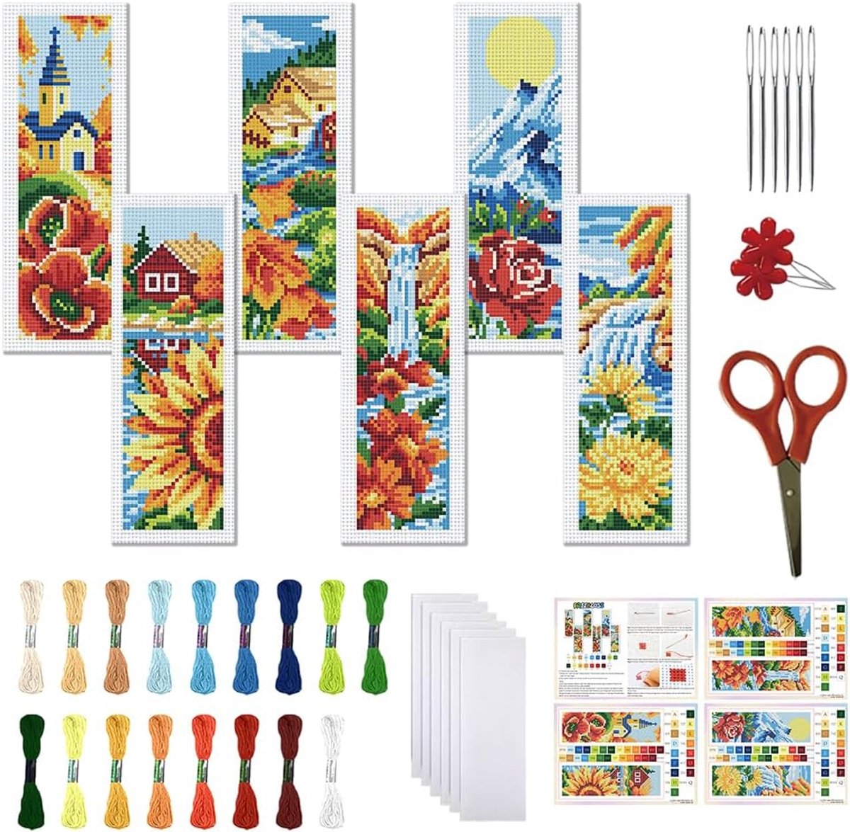 6 Set Kruissteek Bladwijzer Set DIY Bloemenlandschap Patroon Voorgedrukt Bladwijzer Kruissteek Sets Borduurset Voor Volwassenen Met Instructies Voor Beginners 20,3 cm x 6,1 cm 11CT