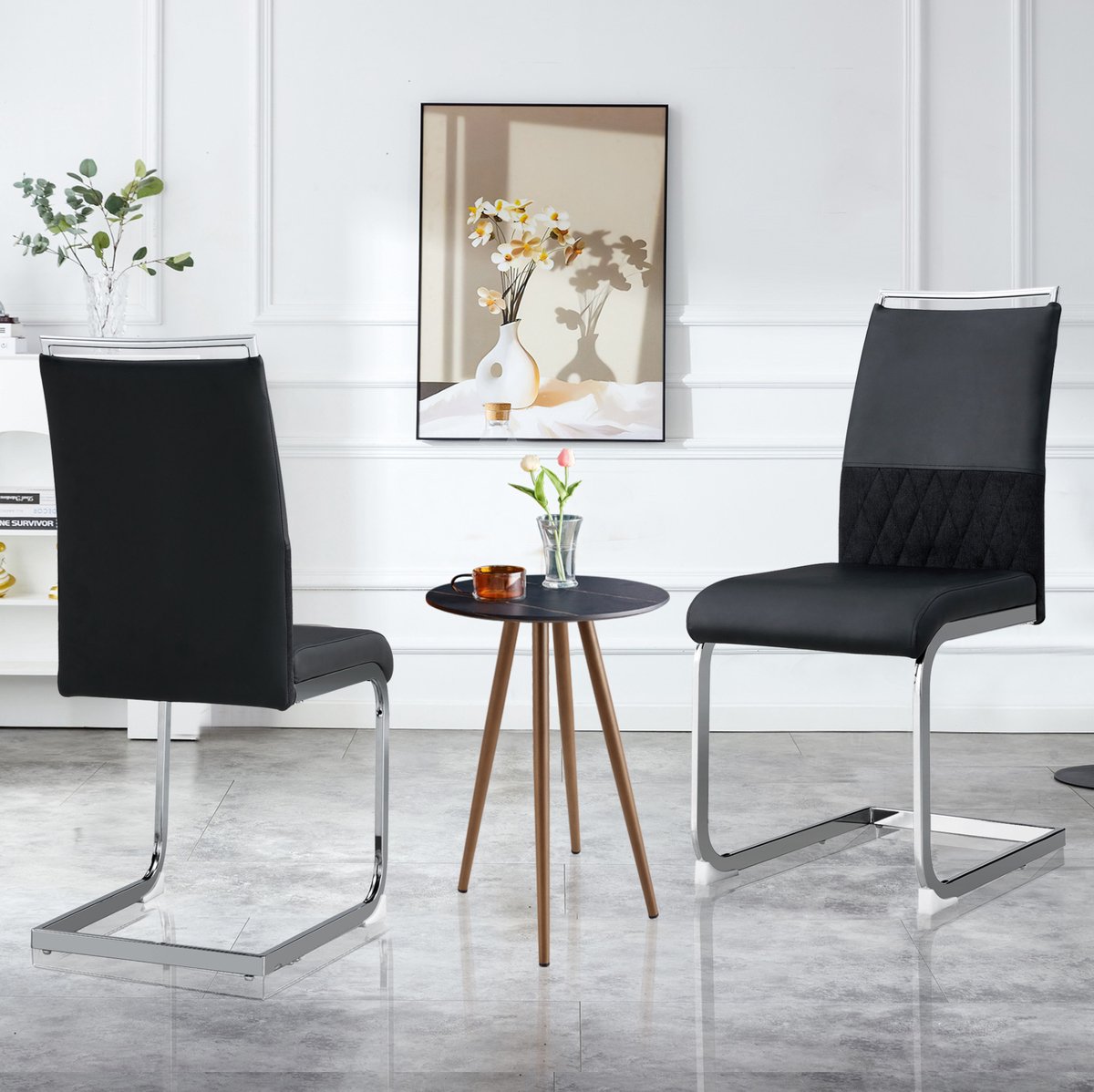 DESMIU Eetkamerstoel 42 Cm - Set Van 2 - Hoge Rug En Gewatteerde Zitting - Voor Eetkamer En Keuken - Kunstleer En Metaal - Zwart