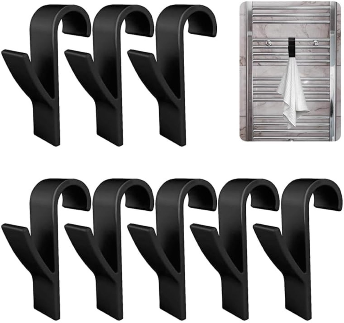 Dailygoods - Ronde radiatorhaken, 8 stuks, badkamerhaken, ABS, voor alle standaard radiatoren, zwart