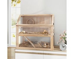 MEUNIQ hamsterkooi van hout 80 x 50 x 76 cm met 3 etages, transparante panelen, klapdeksel, loopwiel en diepe bodembak voor knaagdieren