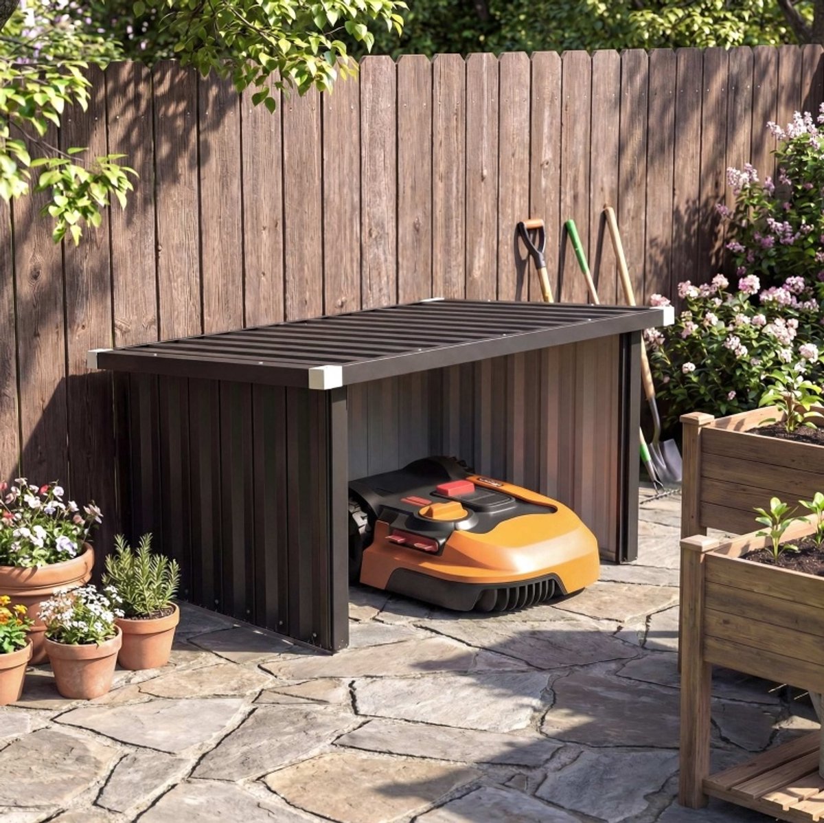 MEUNIQ Mährobotergarage 108 x 86 x 62,5 cm van verzinkt staal met schuin dak en open ingang, overkapping voor robotmaaier en laadstation, donkergrijs