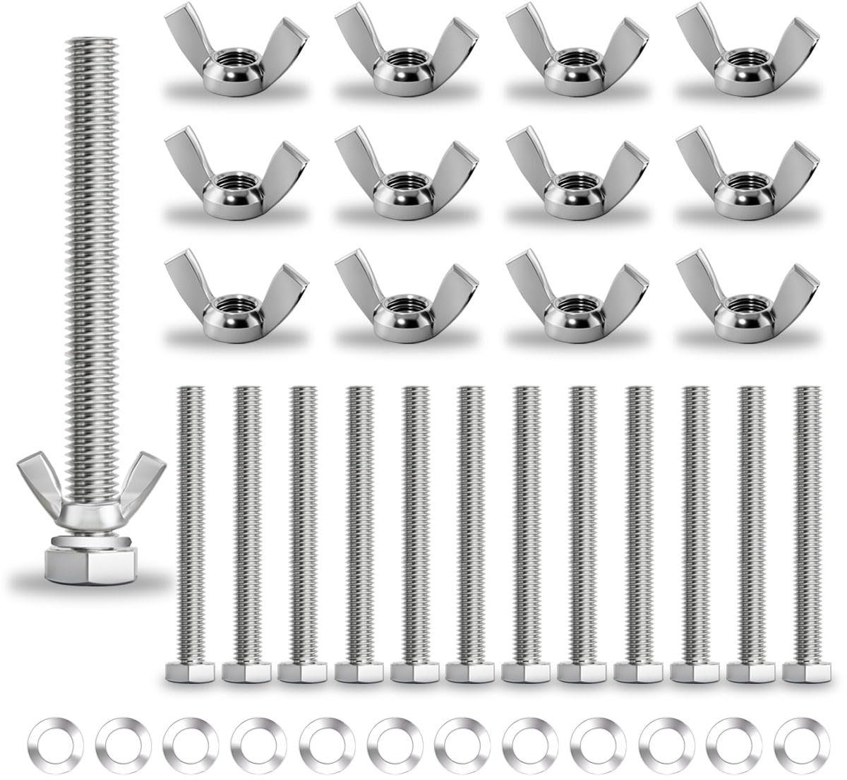 Set van 12 roestvrijstalen schroeven, M5 vlinderschroeven, 50 mm, zeskantschroef met sluitringen, stalen bouten met vleugelschroeven, set voor het aandraaien van de bevestigingsonderdelen
