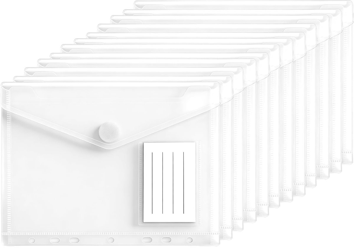 12 stuks documentenmappen A5, transparante documententas A5, 22,5 x 18 cm, 7-voudige gaten, met labelvak, waterdichte documentenhoes voor het organiseren van papieren