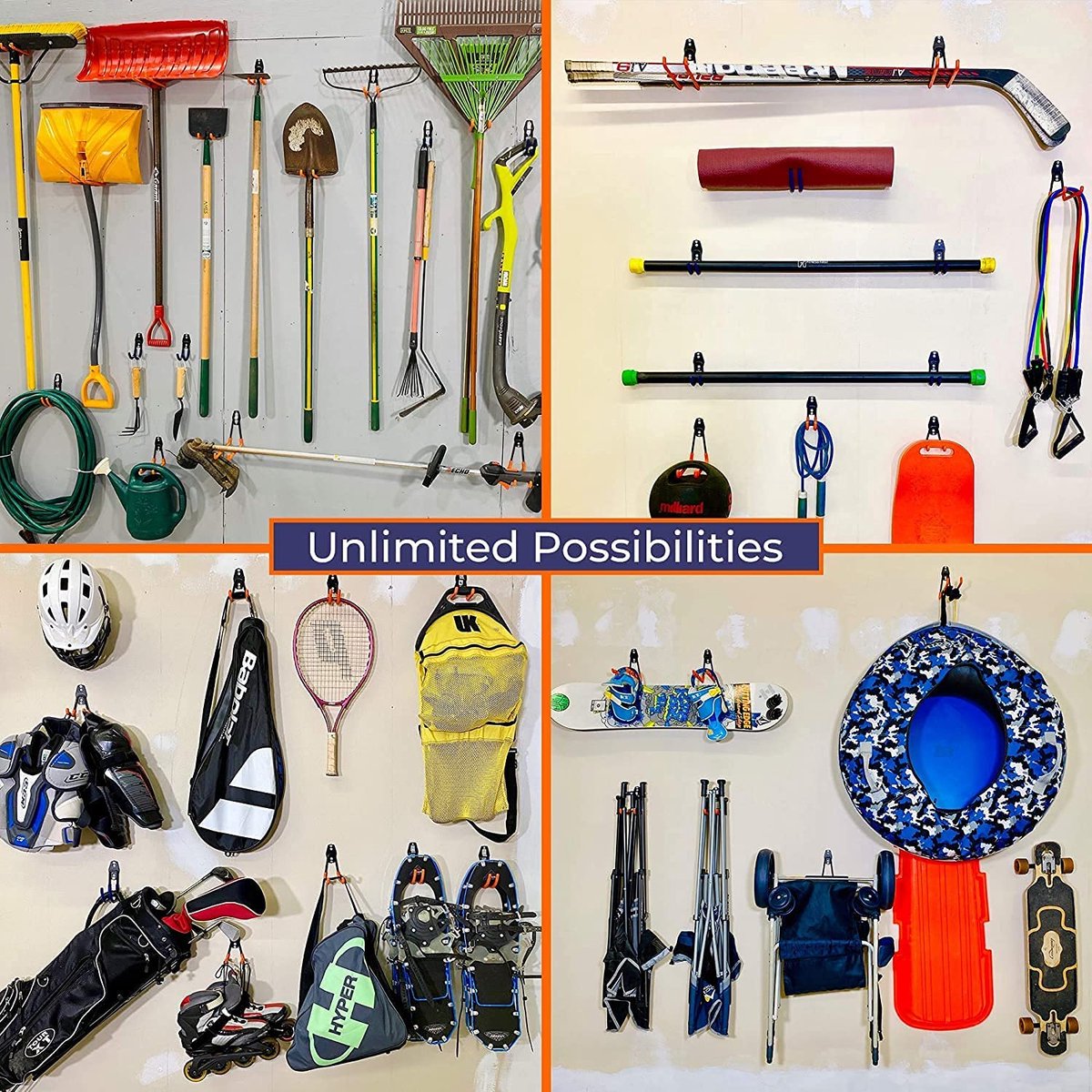 4 stuks garagehaken, schuurstaal garage gereedschap opslag voor het organiseren van elektrisch gereedschap, dame, bulkartikelen, dubbele haken (oranje, 52 x 11 cm)