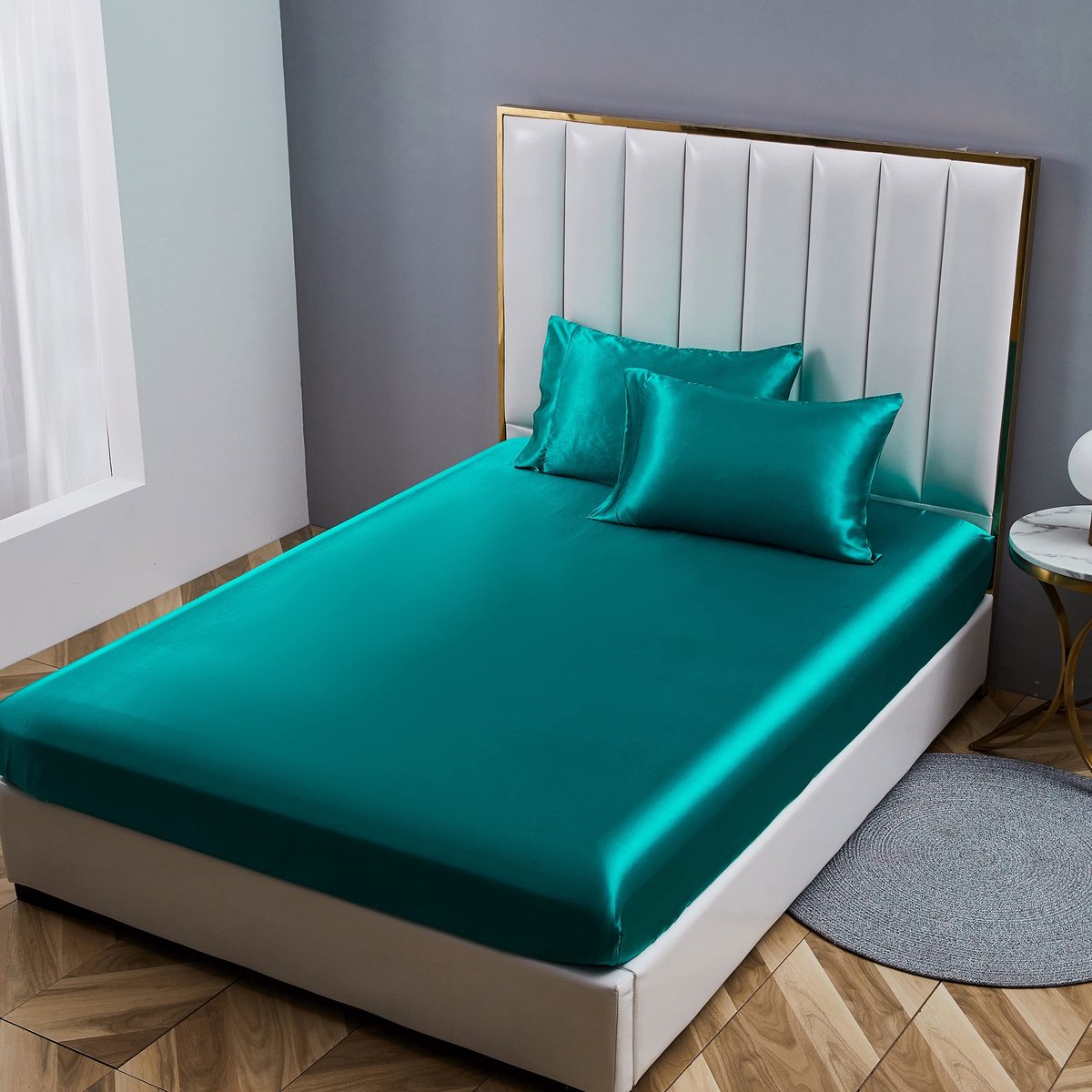 Hoeslaken, 180 x 200 cm, turquoise met zijdeglans, luxe effen hoeslaken, geschikt voor matrassen tot 25 cm, 180 x 200 x 30 cm