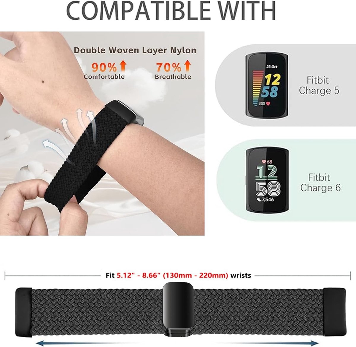 Verstelbare en Comfortabele Nylon Horlogeband voor Fitbit Charge 5 en 6 thumbnail 3