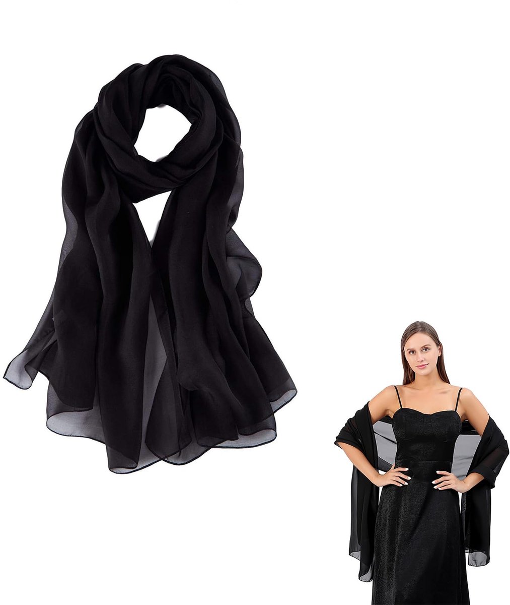sjaal, doorschijnende zachte chiffon sjaals en wraps voor vrouwen, zwarte chiffons sjaals, lichtgewicht zwarte avondsjaal voor bruiloft, feest en jurken (70x200cm)