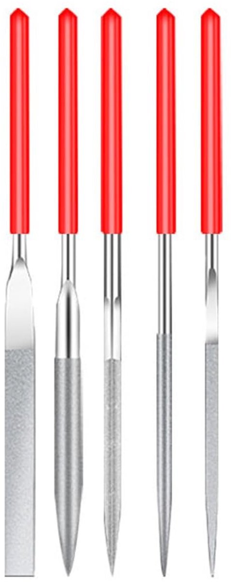 Dailygoods- Mini-Diamantnaaldvijlen Set van 5 - Antislip Handgreep - Hoogwaardig Materiaal - Veelzijdige Toepassing - 100 mm Lang - Robuuste Opslagtas - Vijlen