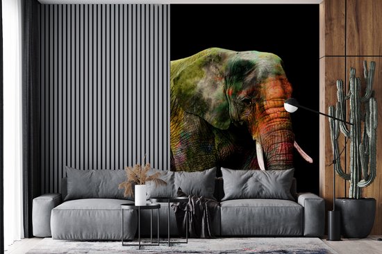 Behang - Fotobehang Olifant - Verf - Zwart - Breedte 225 cm x hoogte 350 cm