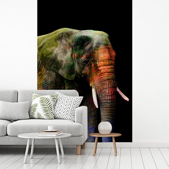 Behang - Fotobehang Olifant - Verf - Zwart - Breedte 225 cm x hoogte 350 cm