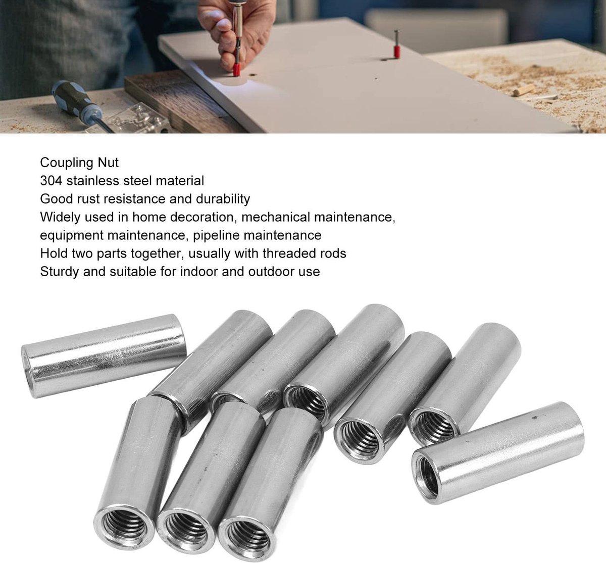 Dailygoods- Stangmoeren 10 stuks - Roestvrij Staal - M10 x 1,5 - Binnendraad 14 mm - Lengte 40 mm - Zeskantmoeren voor verbinding - Moeren