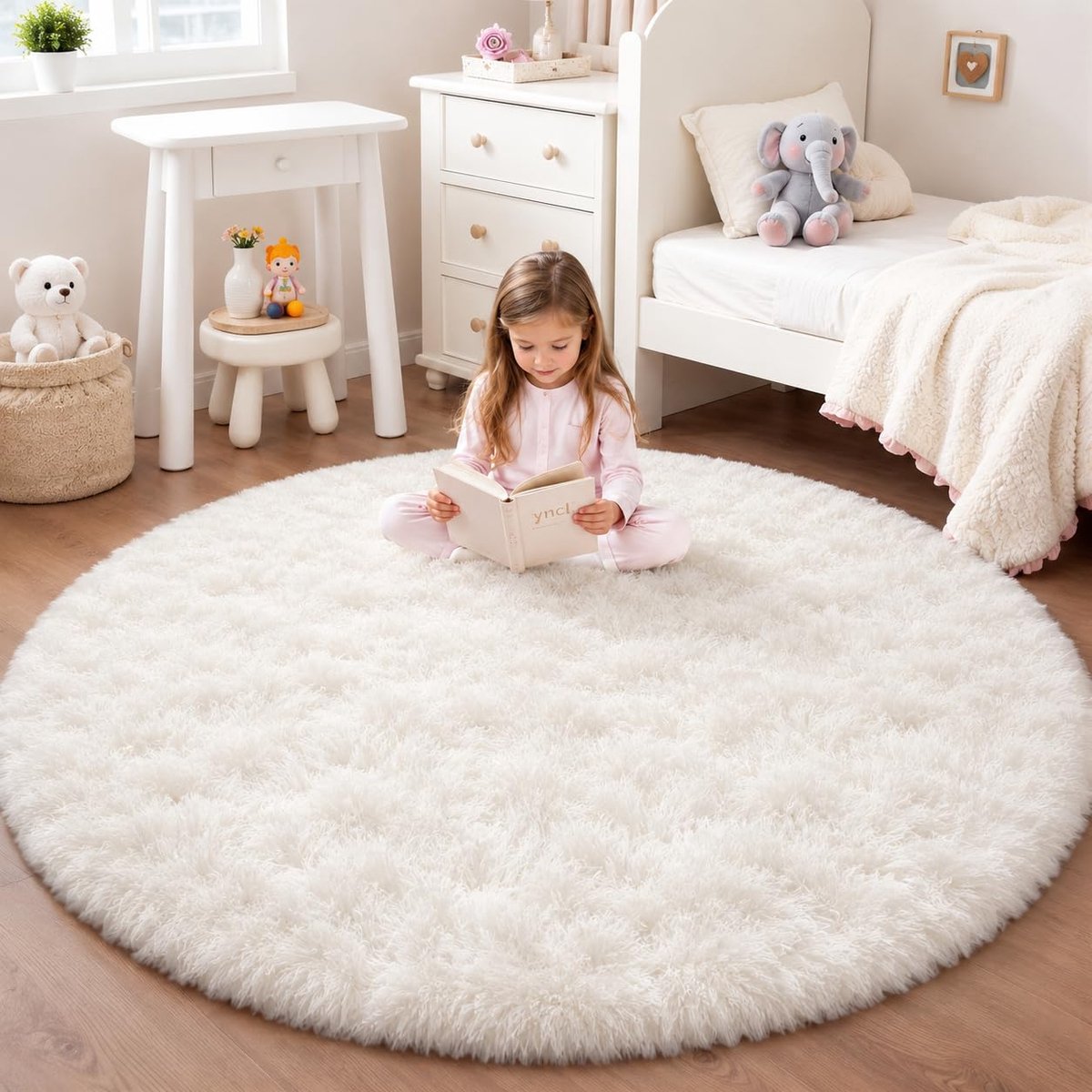 Rond Vloerkleed voor Kinderkamer Slaapkamer Woonkamer Speelkamer, Pluizig Wasbaar Antislip Modern Tapijt, Crème, 100 cm