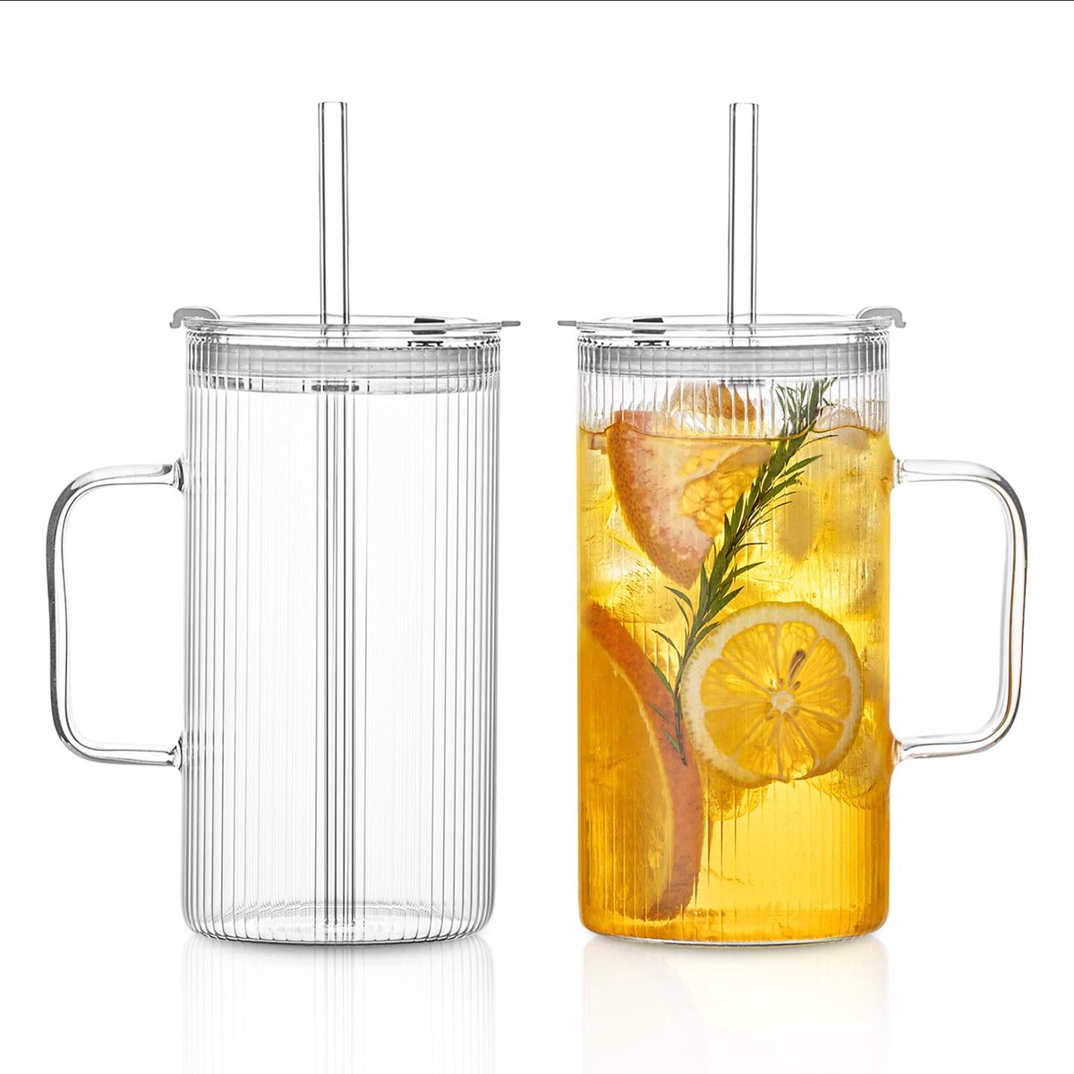 Grote geribbelde glazen bekers met handvat en deksel, set van 2, transparante glazen bekers met herbruikbare rietjes, verticaal streepdesign, perfect voor ijskoffie, thee, smoothies