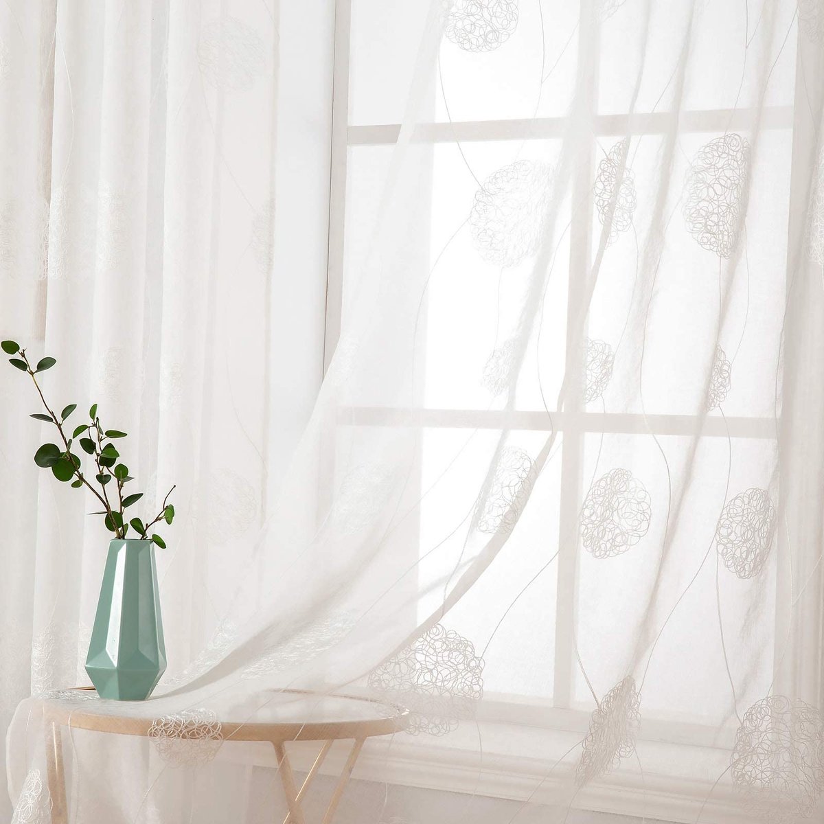 Borduurwerk doorschijnende gordijnen decoratie flora ontwerp oogjes raamgordijn semi voile gordijnen met oogjes raambekleding voor woonkamer slaapkamer 2 panelen 55" B x 63" L wit