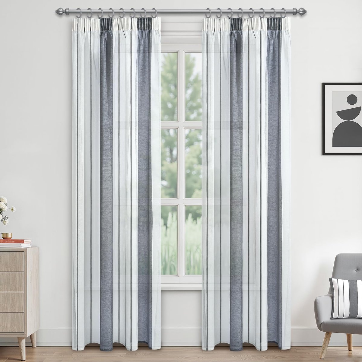 Gordijnen met rucheband, gestreepte gordijnen, slaapkamer, modern gordijn, set van 2, semi-transparant grijs en wit, 225 x 140 cm