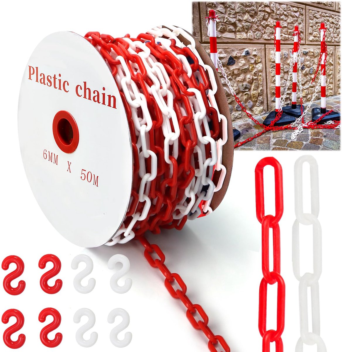 50 m, rood/wit, kunststof ketting, 6 mm waarschuwingsketting, kunststof afsluitketting met 8 karabijnhaken voor barrières in opritten, werkplekken en garages