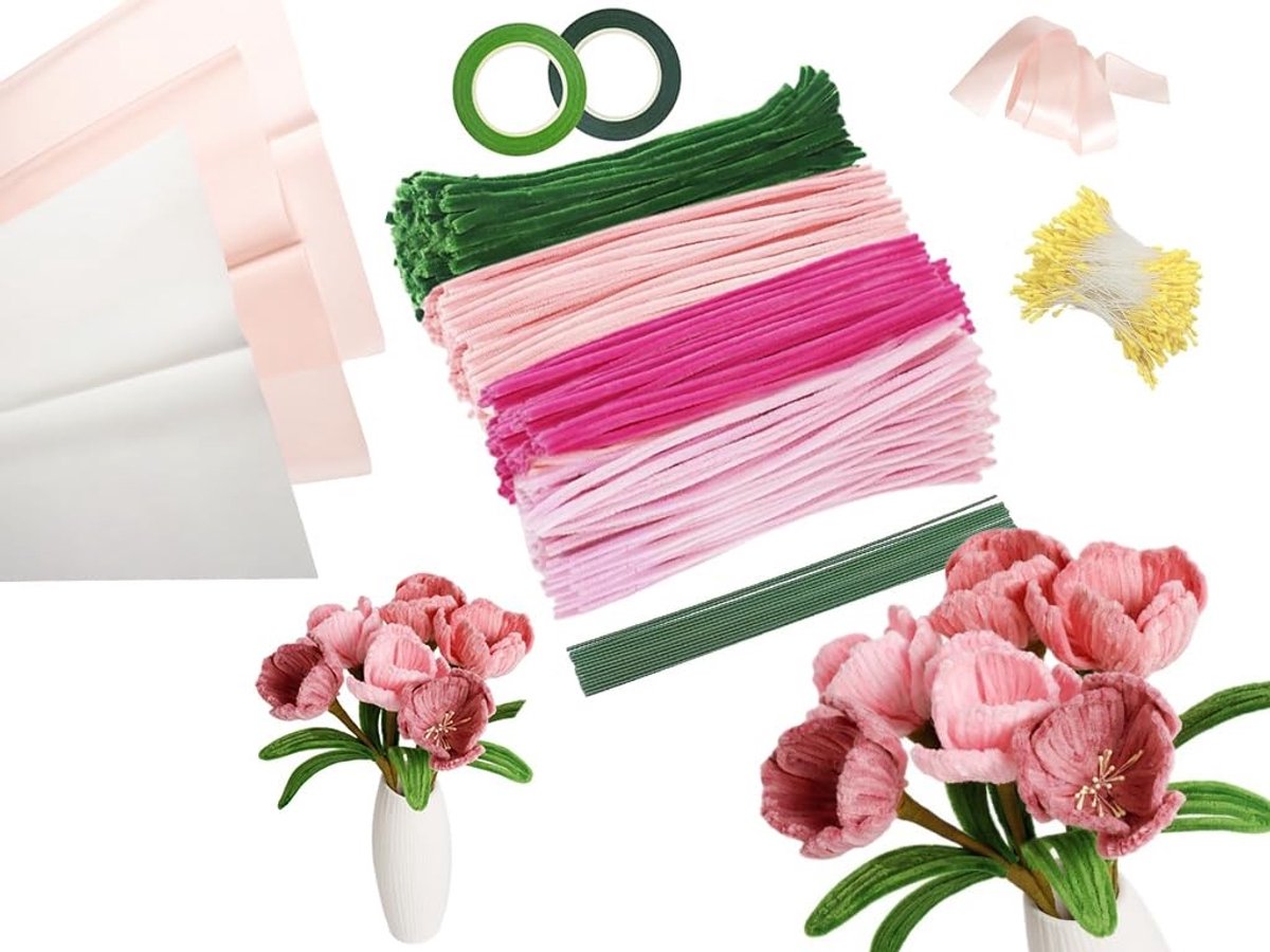 400 Stuks Pijpenragers voor Creatief Knutselen, Inclusief Bloemdraad, Tapes en Stofblad voor Decoraties en Ambachten in Diverse Kleuren