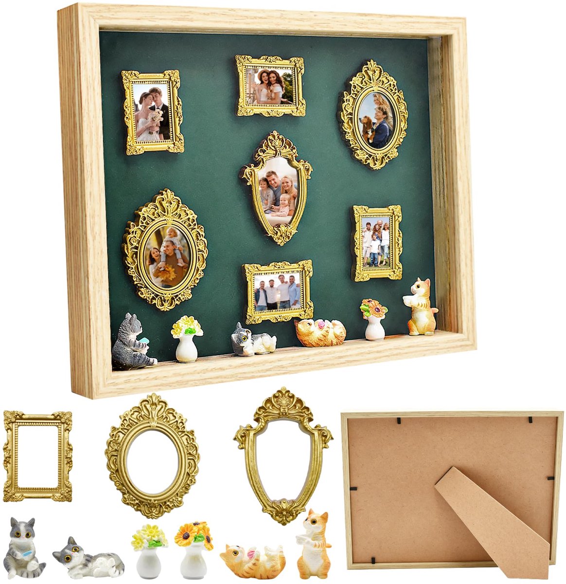 Mini-doos met museumsilhouet, kleine tentoonstellingslijst voor museum, doe-het-zelf, met 7 gouden lijsten, mini-frame, 4 willekeurige katten, 2 willekeurige planten, dozen, souvenirlijst