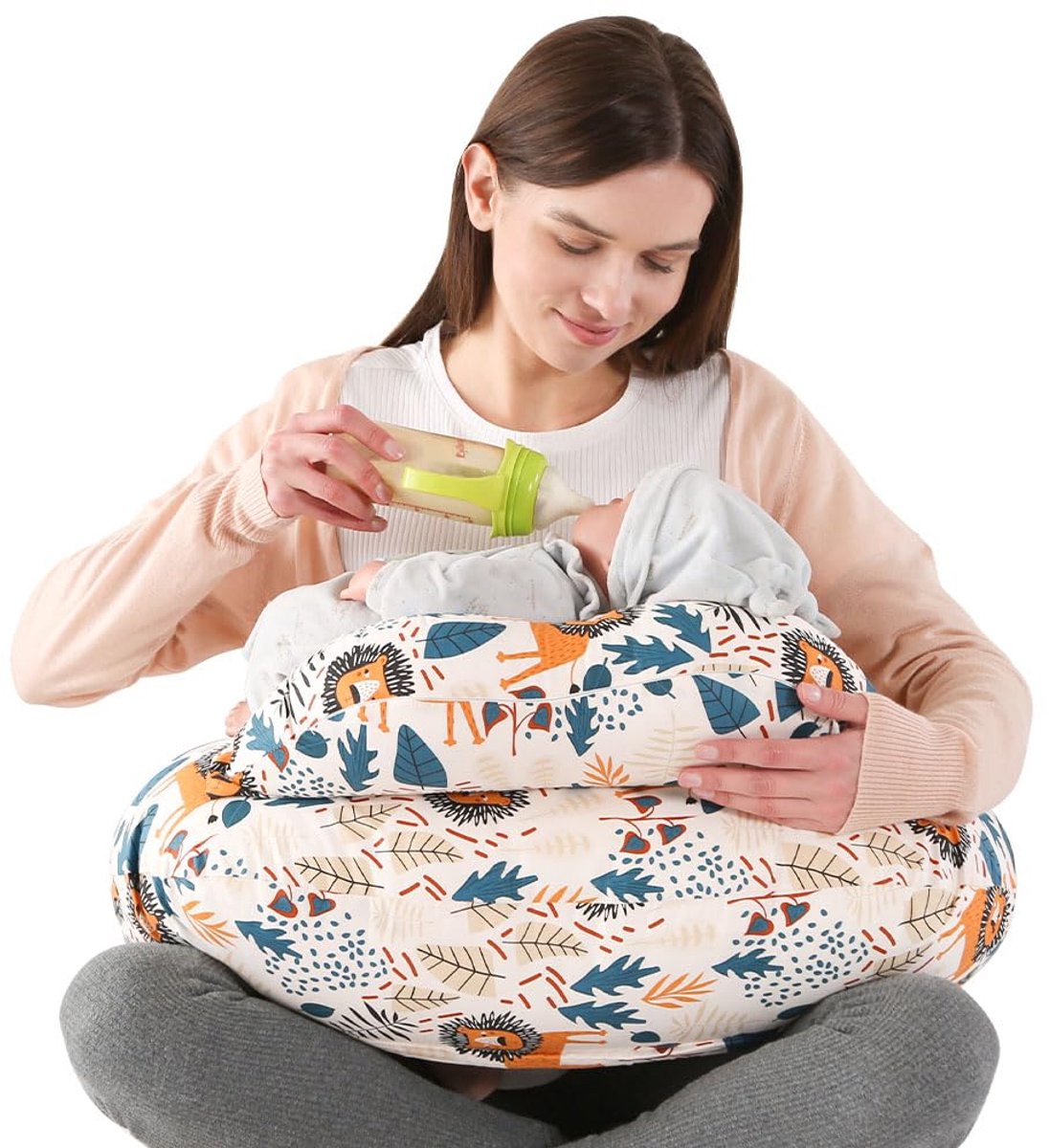 Verpleegkussen voor Borstvoedende Baby, Multifunctioneel Borstvoedingskussen met Verstelbare Heupband en Zijondersteuning, 100% Katoen Afneembare Kussenhoes, Leeuwpatroon