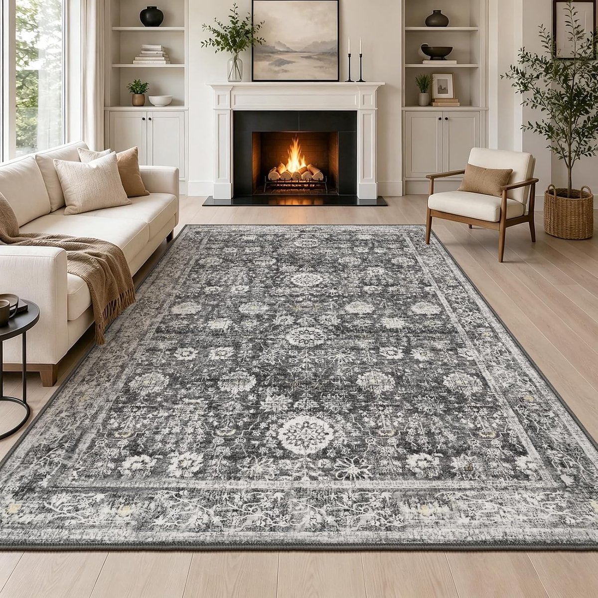 Vloerkleed voor woonkamer, wasbaar, 244 x 305 cm, vintage, versleten, antislip, oosters, traditioneel, kortpolig dun tapijt voor slaapkamer, eetkamer, keuken, kantoor, decoratie, grijs
