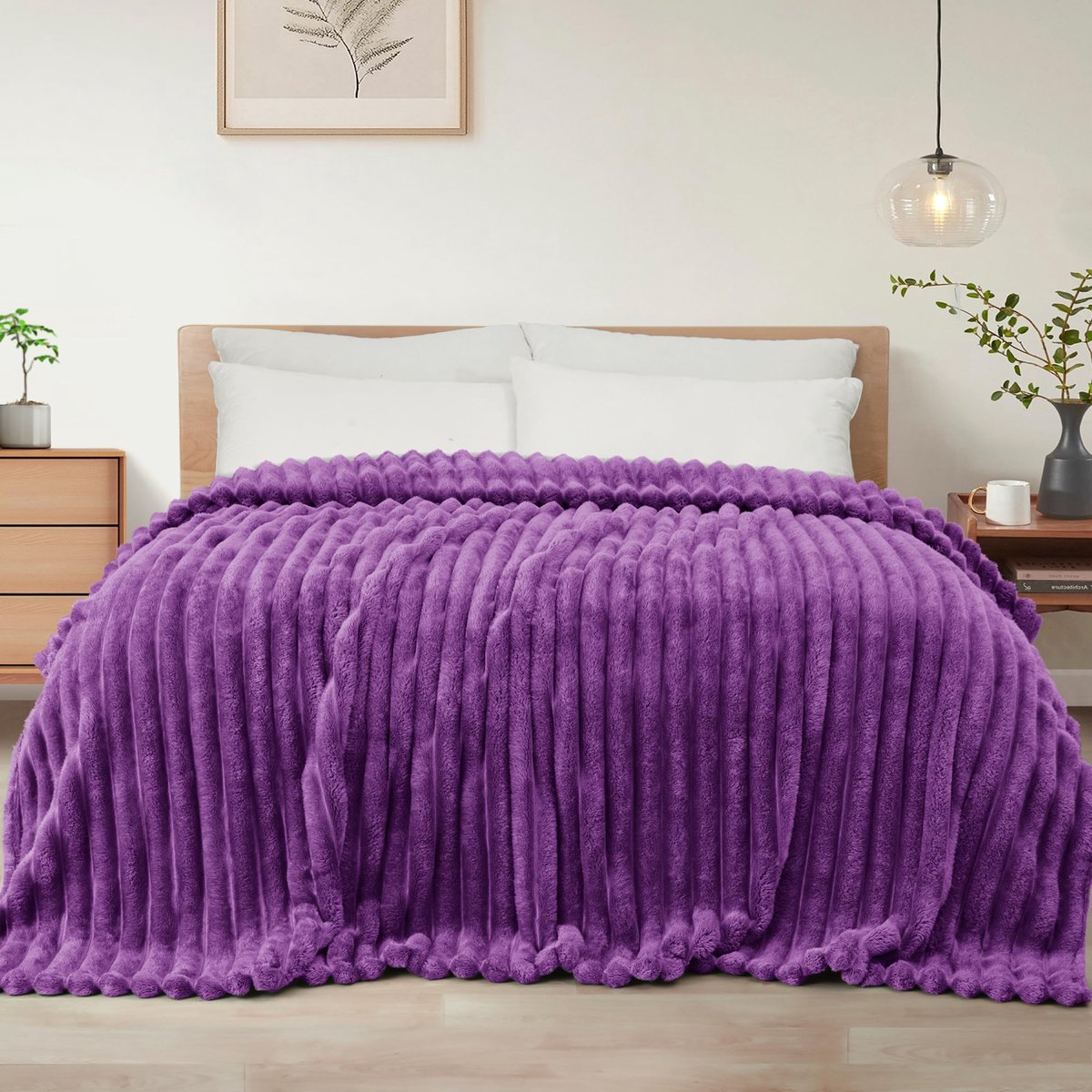 Mezcla King Size Flanel Fleece Deken, Super Zacht Gestreepte Jacquard Beddeken, Lichtgewicht Pluizig Gezellig voor Alle Seizoenen, 230x265 CM, Paars