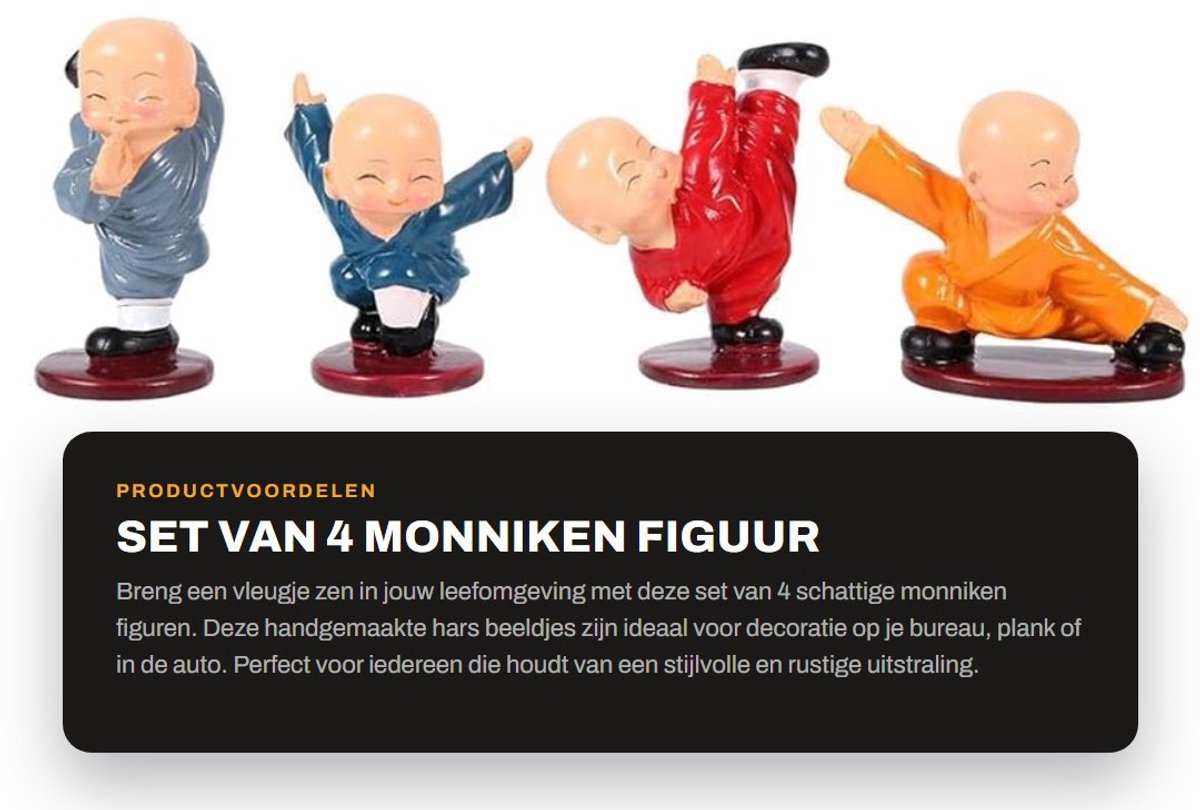 Dailygoods- Monniken Figuur Set van 4 - Hars Beeldjes - Ambachtelijke Decoratie - Beeldjes voor Binnen - Kleine Monnik Beeldjes - Perfect voor Bureau en Auto - Beeldje