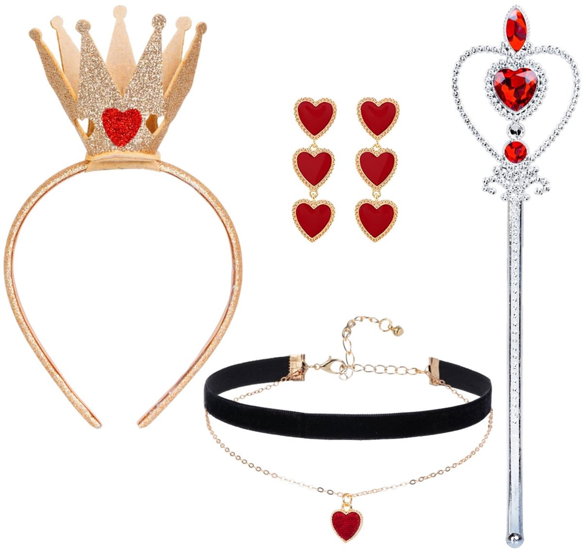 Dailygoods - 6-delige hartenkoningin accessoires, hart koningin kroon met toverstaf hart halsketting oorbellen ring koningin kostuum set voor carnaval cosplay dress up party (5, rood)