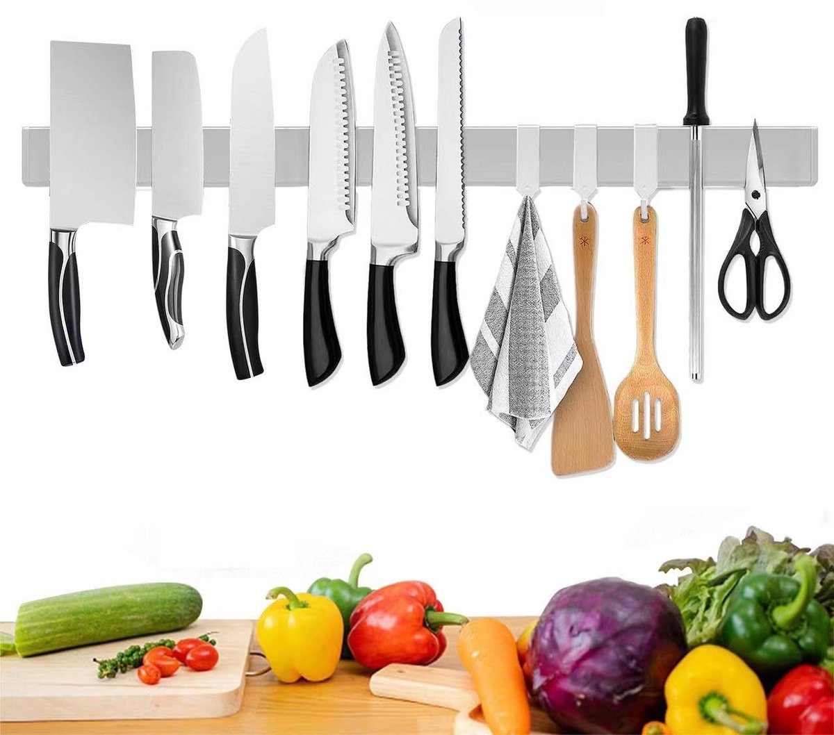 Dailygoods- Messenhouder Magnetisch 60 cm - Messenstrip Zelfklevend - Gereedschap Houder - Magnetische Haken - Roestvrij Staal - Multifunctionele Organizer - Magneetstrip