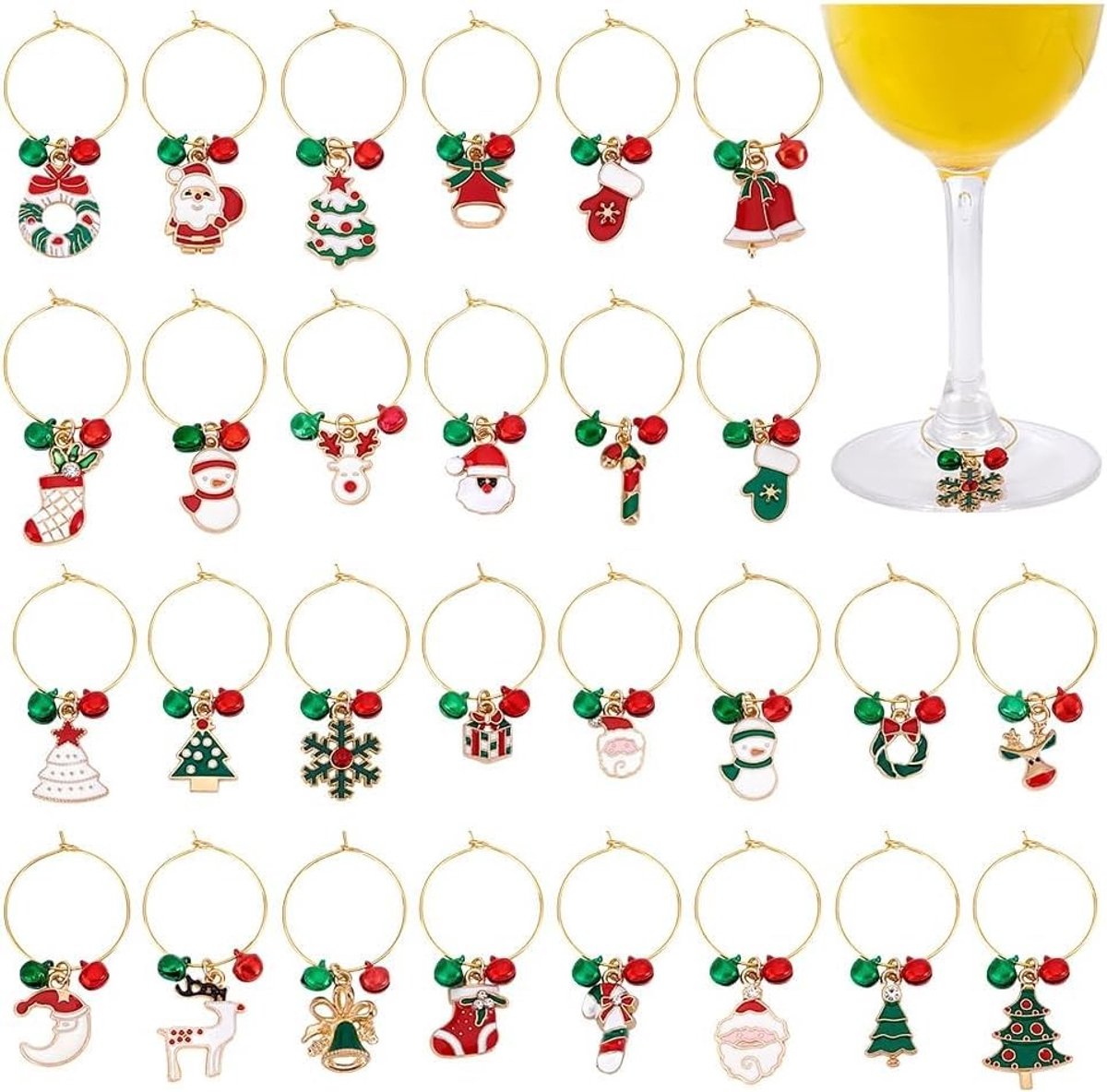 Dailygoods- Wijnglas Charms 28 Stijlen - Gouden Legering - Emaille - Drinken Identifiers - Wijn Bedelringen - Perfect voor Feestdagen - 49-56 mm Lang - Glazenmarkers
