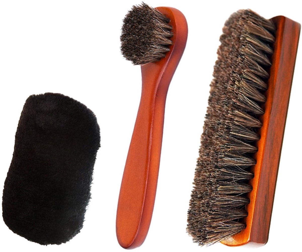 Dailygoods - 3 stuks schoenborstels, paardenhaar, paardenhaarborstel, glansborstel, polijstborstel, schoenborstel met natuurlijk paardenhaar, schoenpoetsborstels, voor schoenverzorging, inclusief polijstborstel,