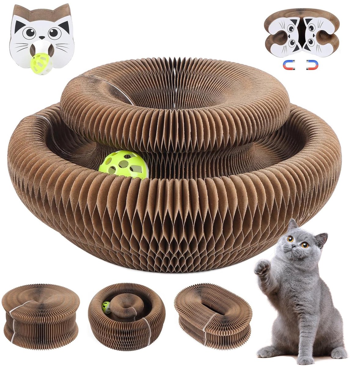 Krabplank met belletjes, opvouwbaar, kattenhoofd, opvouwbaar, duurzaam, recyclebaar, voor katten binnenshuis, voor bezigheid en verplaatsing