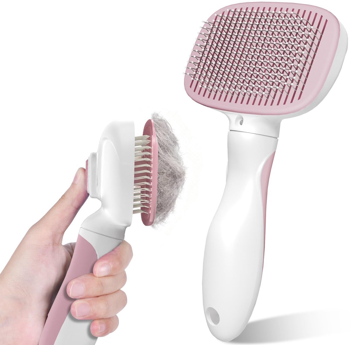 Hondenborstel Kattenborstel – Katten- en Hondenverzorgingsborstel met Zelfreiniging, Ergonomisch Handvat, Borstel voor Klitten en Haaruitval – Roze-Wit