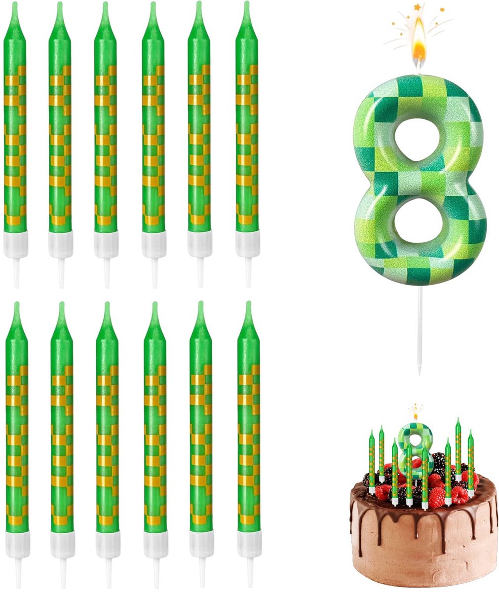 13 stuks pixelkaarsendecoraties, kaars, 8 jaar, gepersonaliseerde groene pixelkaarsen, verjaardag, kinderen, decoratie, feest, verjaardag, kaarsen, taart voor jongens, meisjes, kinderen