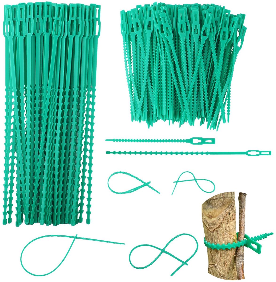 Verstelbare plantenbinders, 100 stuks, groene kabelbinders, kabelbinders, tuinbinders, multifunctioneel, voor tuinen, fruitbomen, potplanten, planten