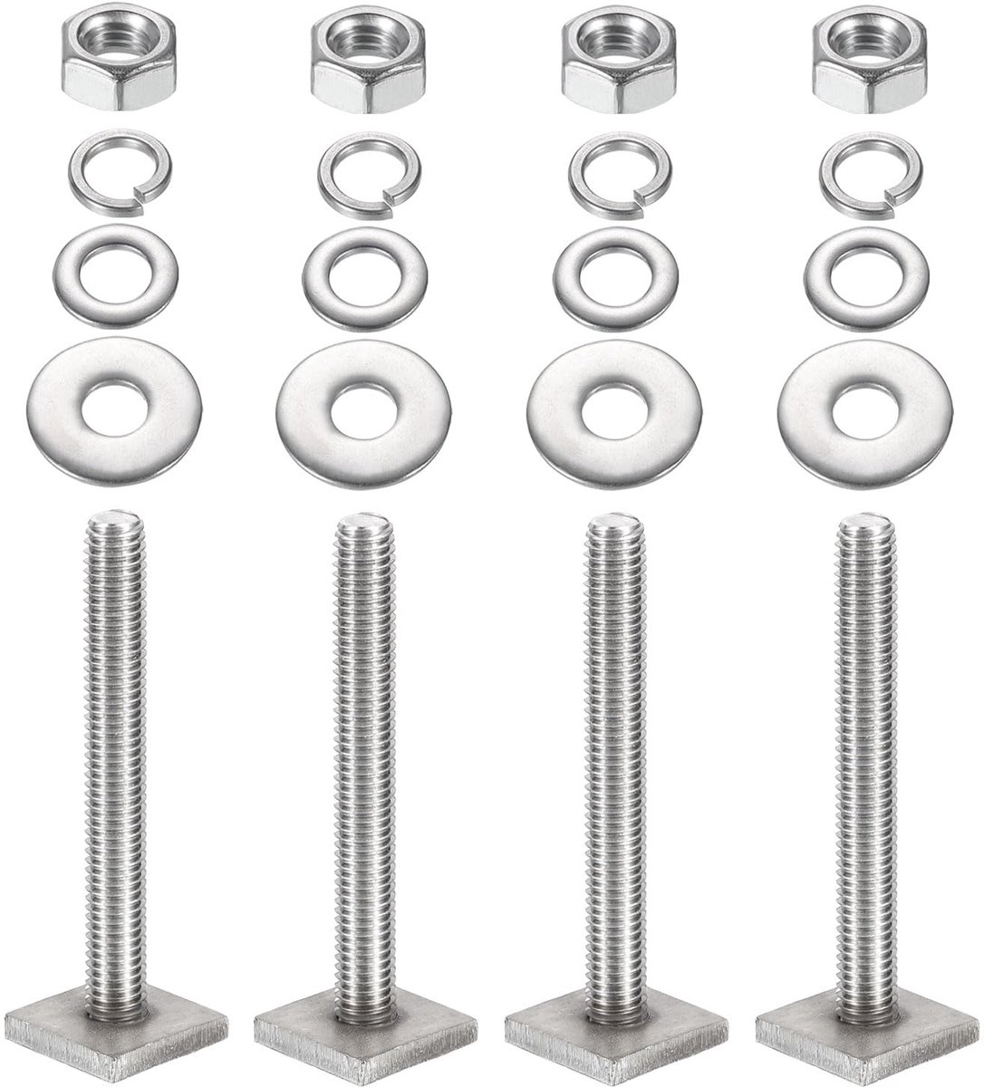 T-sleufschroeven, M8 x 65 mm, set van 4 vierkante kop, T-schroeven, dak, bagagedrager, roestvrij staal, T-rails, schroeven met moer, sluitringen voor fiets, ski, kajak, bagagedrager