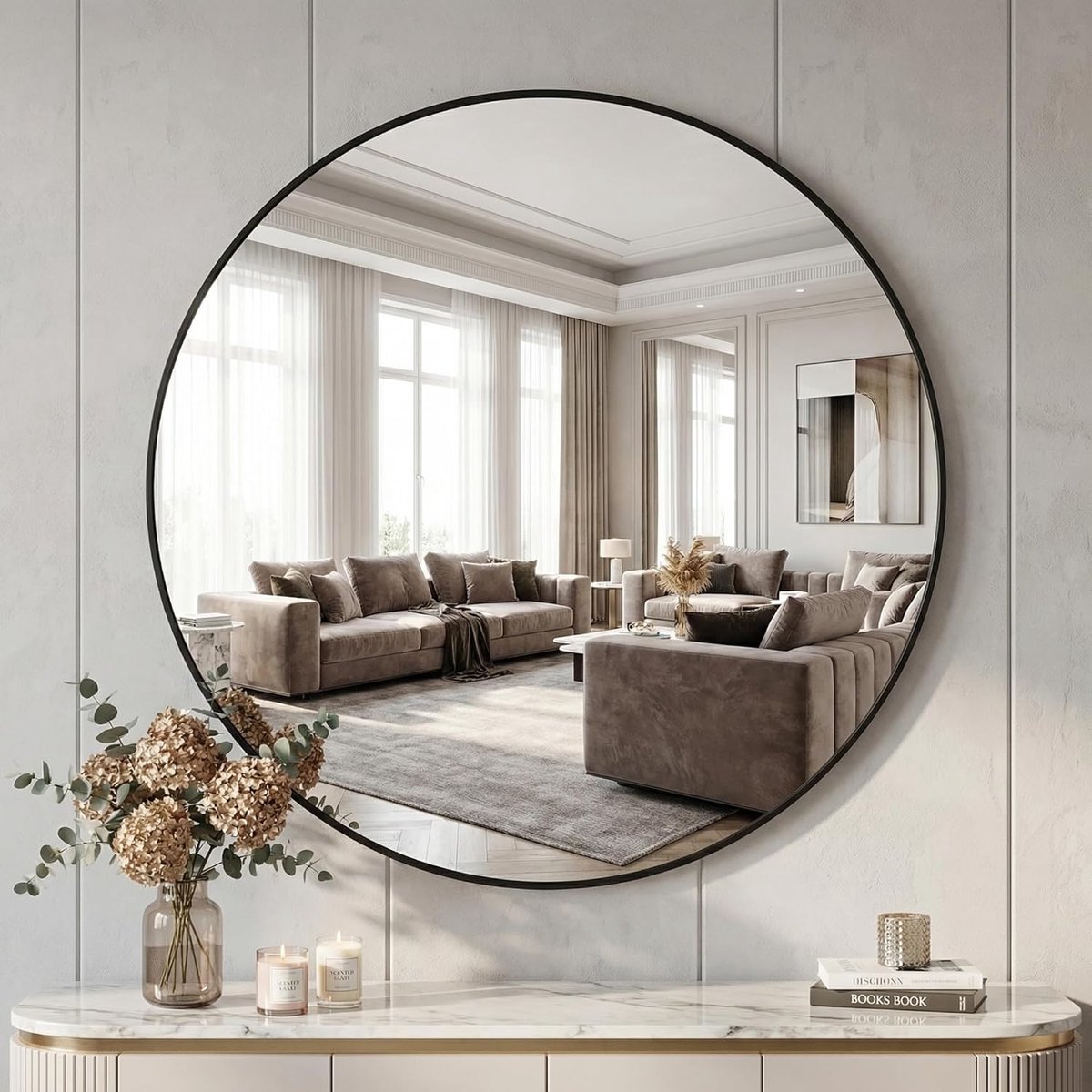 90 cm ronde spiegel, onbreekbare wandspiegel met aluminium frame, badkamerspiegel om op te hangen en tegen te leunen, ronde wandspiegel voor slaapkamer, badkamer, woonkamer