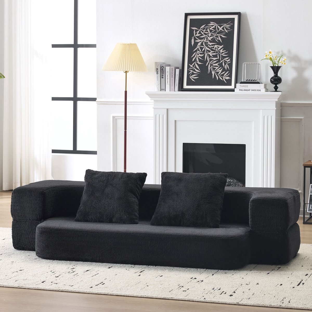 DESMIU Slaapbank 190 x 52 x 48 cm - Opvouwbare 2-Zits Met Slaapfunctie En Kussens - Voor Woonkamer En Logeerkamer - Stof Zwart