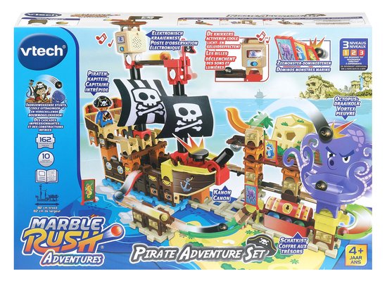 De verpakking van de VTech Marble Rush Pirate Adventure Set, met illustraties van het speelgoed, piraten en een octopus.