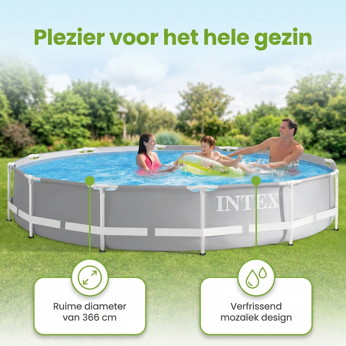Intex Rond Prism Frame Zwembad - 366 x 76 cm - Grijs - Inclusief Pomp - Grondzeil - Onderhoudspakket - 4-delig