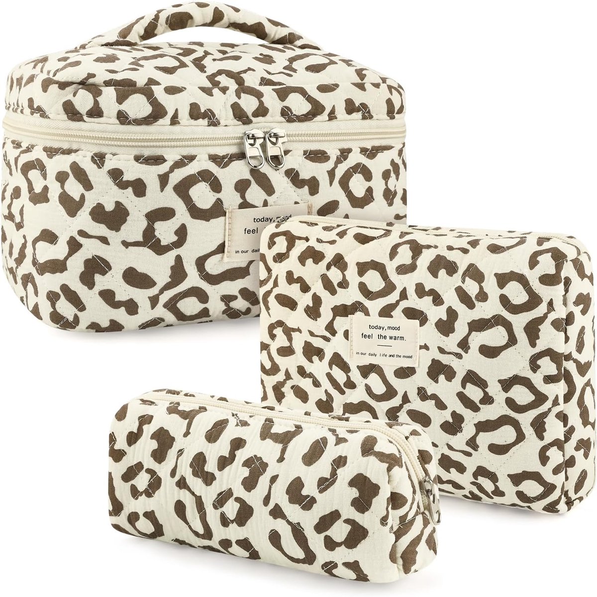 Set van 3 toilettas voor dames, strik, roze, make-uptas, reisset voor meisjes en vrouwen, Luipaardmotief, Klassiek
