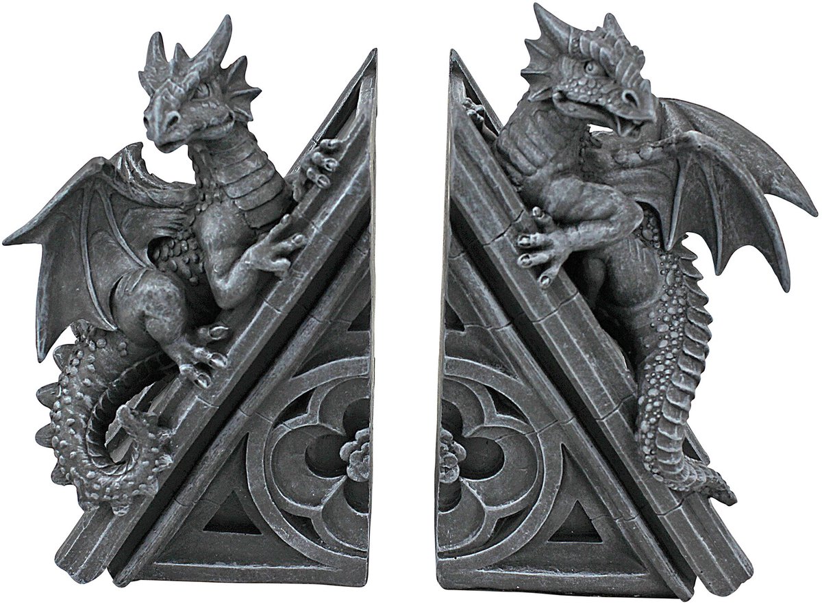 Toscano Kasteel Draak Gotische Decor Decoratieve Bookend Beelden, 20,25 cm, Set van 2, Polyresin, Grijze Steen