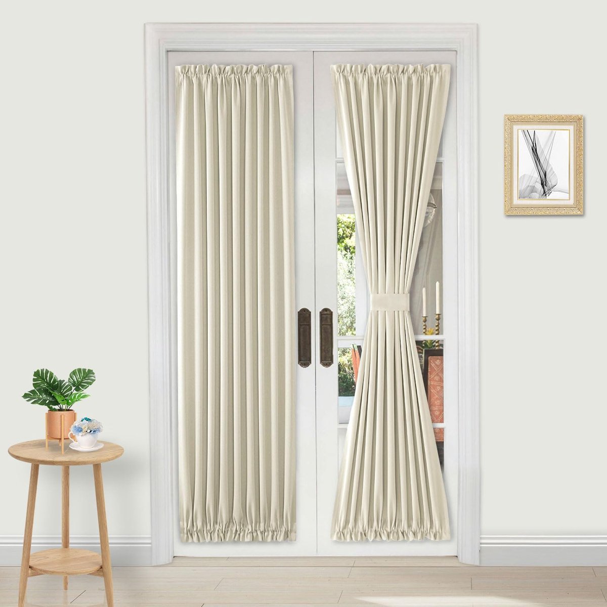 Franse deurgordijnen - staafzak thermisch verduisteringsgordijn voor deuren met glazen raam, keuken- en terrasdeuren voor privacy, 25 x 72 inch lang, 1 gordijnpaneel met stropdas, Biscotti beige