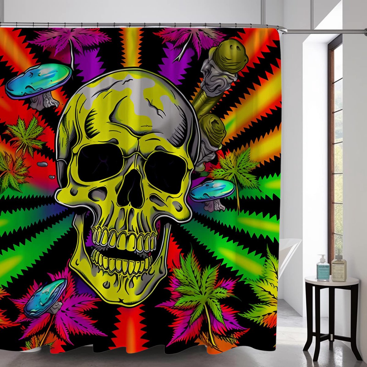 Boho Mushroom Skull Animal Sun Moon Floral Douchegordijn, Kunst Decor Waterdicht Stof Douchegordijn voor Badkamer Set met Haken