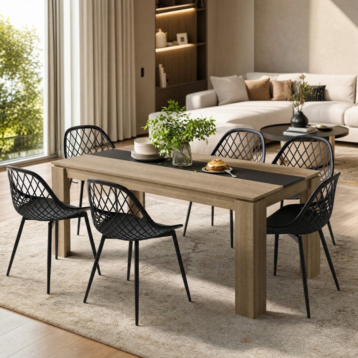 EGGREE Een zesdelige eettafel- en stoelenset; een eettafel- en stoelenset geschikt voor 6 personen - inclusief stoelen; geschikt voor keukens - eetkamers of woonkamers (eettafel van 160 x 80 x 75 cm + 6 Zwarte eetkamerstoelen).